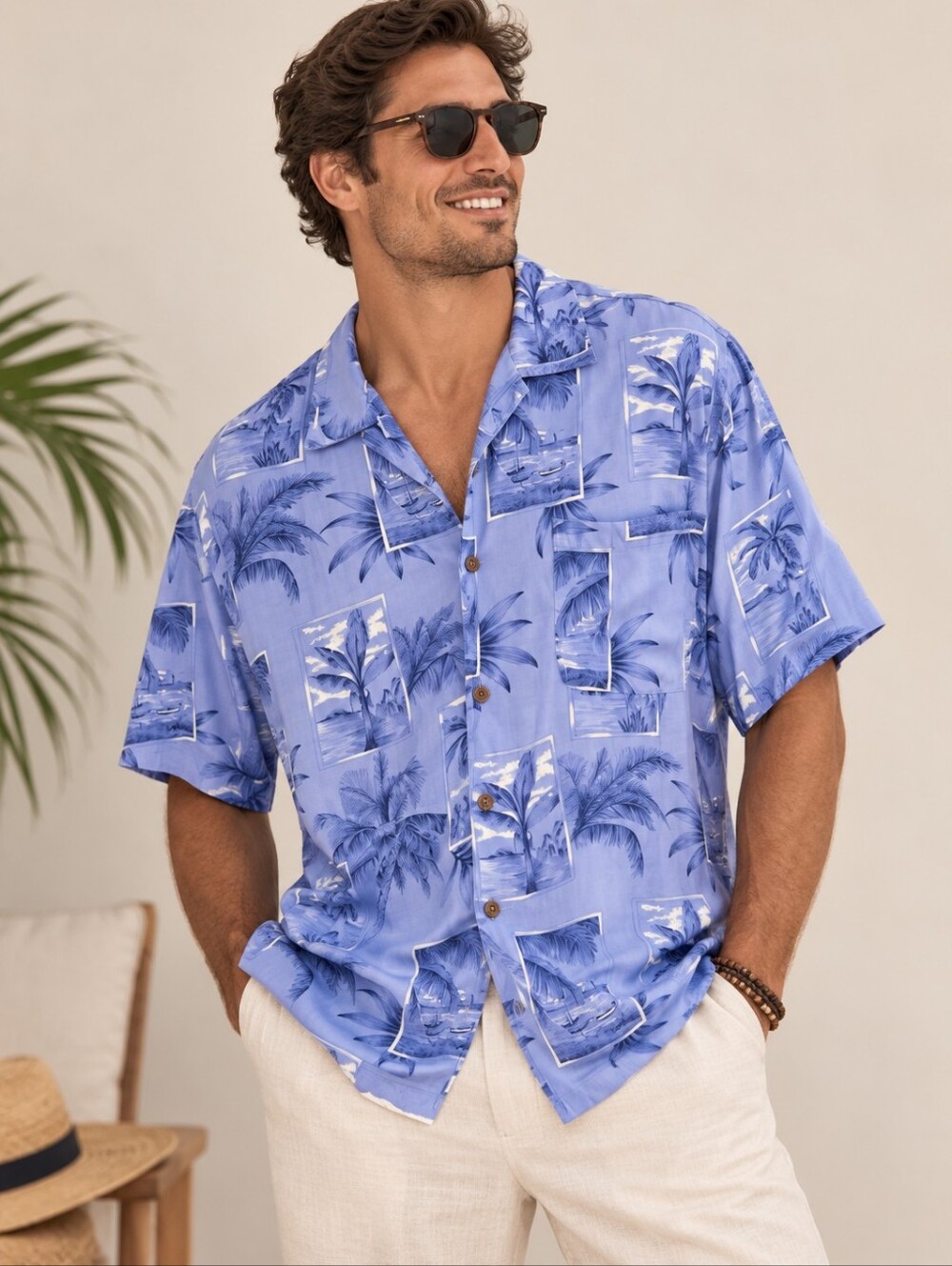 TOMMY BAHAMA Hawaiian 100% Silk Shirt Blue Palm Print Camp L Men's